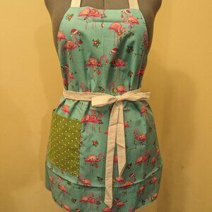 NWT Handmade Reversible Apron - Christmas flamingos and dots - One Size
